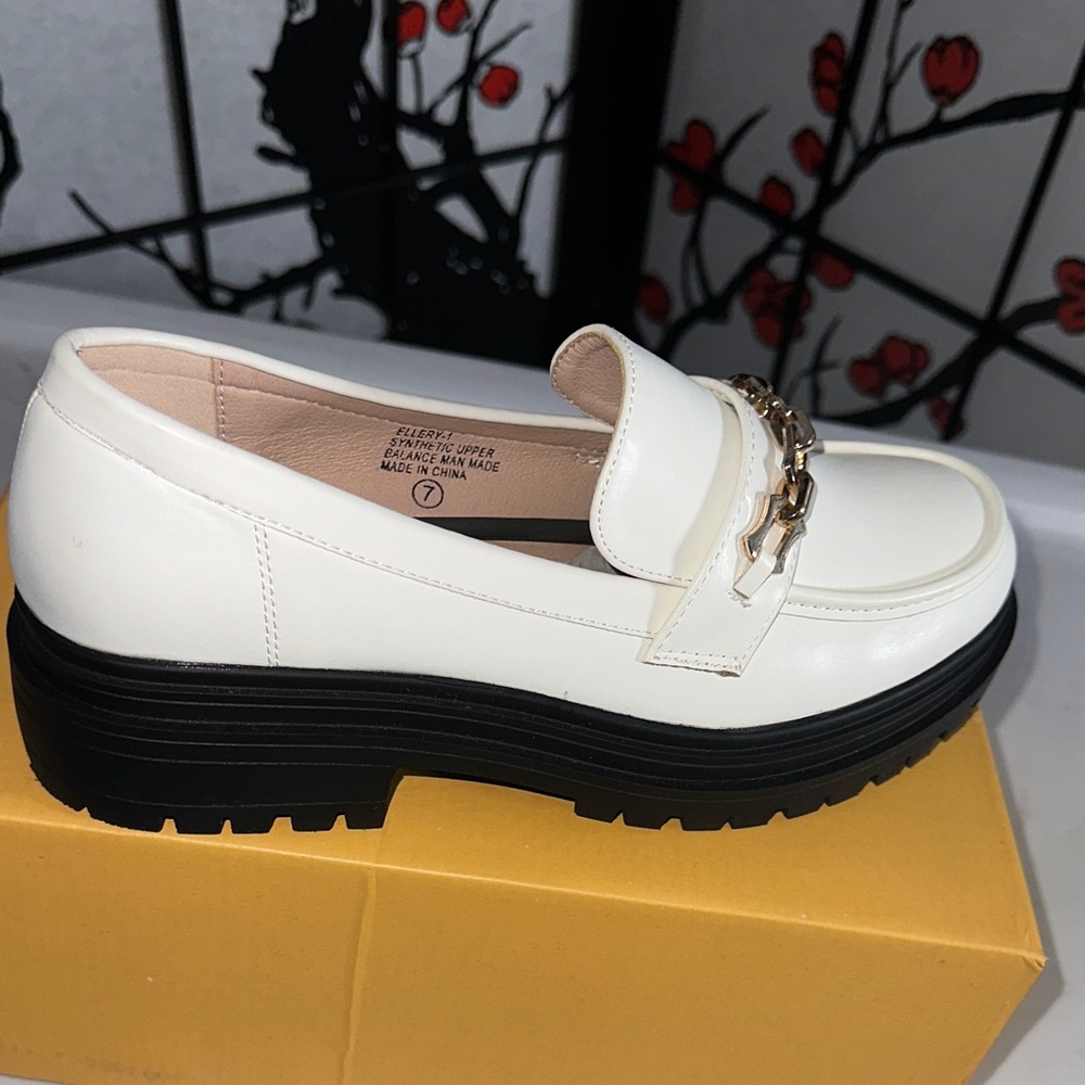 Chase + Chloe White Loafers with Gold Chain
